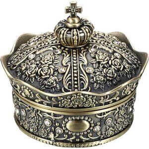 Vintage Jewelry Box, Antique Crown Design Trinket Treasure Chest Storage
